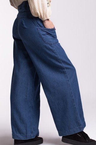 Pantaloni largi denim subtire cu talie inalta