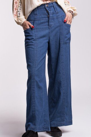 Pantaloni largi denim subtire cu talie inalta