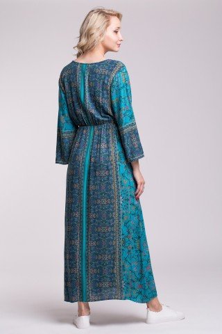 Rochie boho din vascoza cu elastic in talie, decolteu cu snur si imprimeu Bohemian Blue