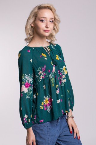 Bluza verde inchis din vascoza cu imprimeu floral