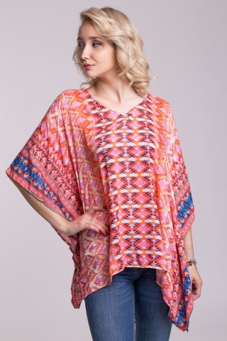 Bluza tip poncho multicolor cu imprimeu geometric