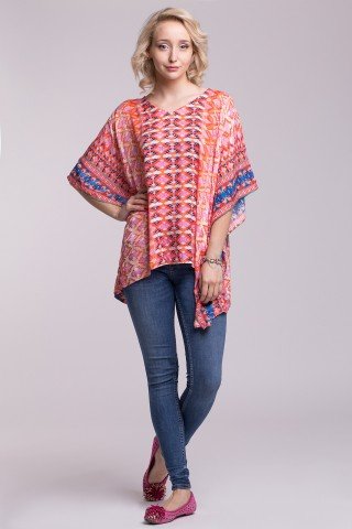 Bluza tip poncho multicolor cu imprimeu geometric