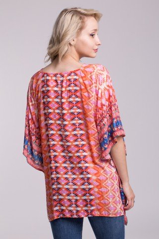 Bluza tip poncho multicolor cu imprimeu geometric