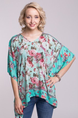 Bluza tip poncho verde deschis cu imprimeu floral