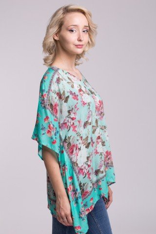 Bluza tip poncho verde deschis cu imprimeu floral