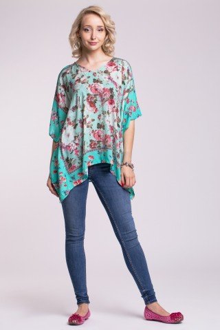 Bluza tip poncho verde deschis cu imprimeu floral