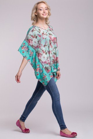 Bluza tip poncho verde deschis cu imprimeu floral