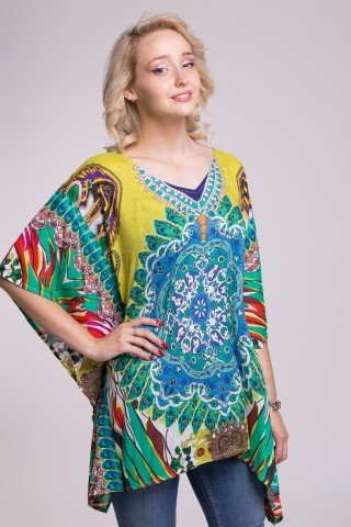 Bluza matasoasa tip poncho multicolor cu imprimeu etnic