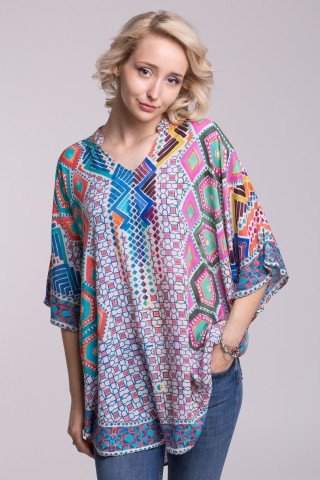 Poncho vaporos cu guler tip tunica si imprimeu geometric multicolor