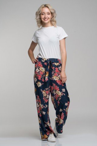 Pantaloni bleumarin cu imprimeu floral multicolor