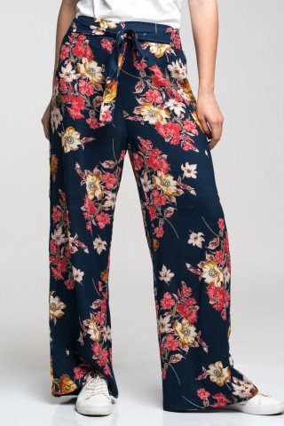 Pantaloni bleumarin cu imprimeu floral multicolor