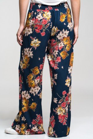 Pantaloni bleumarin cu imprimeu floral multicolor