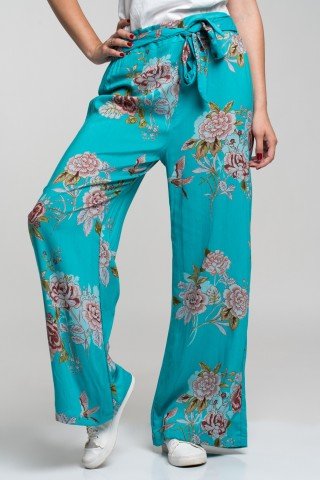 Pantaloni turcoaz cu flori si pasari colibri