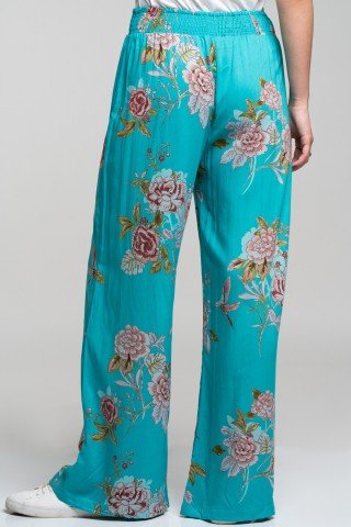 Pantaloni turcoaz cu flori si pasari colibri