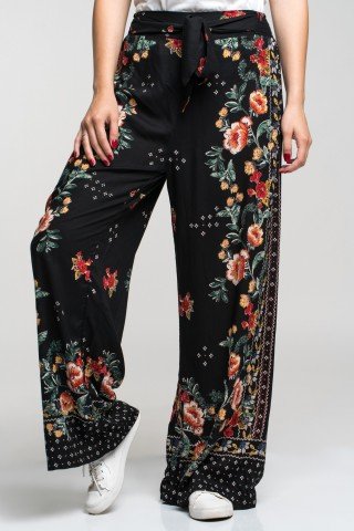 Pantaloni negri vaporosi cu cordon si imprimeu floral