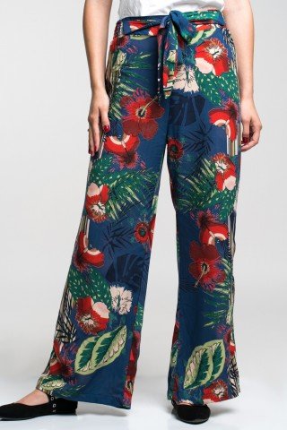 Pantaloni albastri cu imprimeu multicolor exotic si cordon in talie