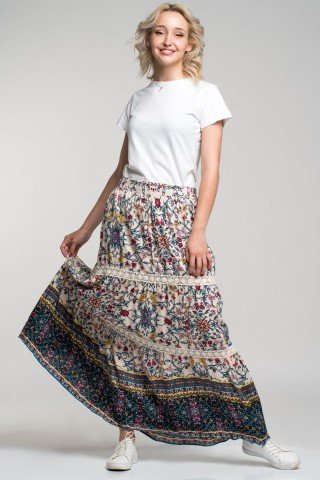 Fusta lunga boho alba cu imprimeu floral