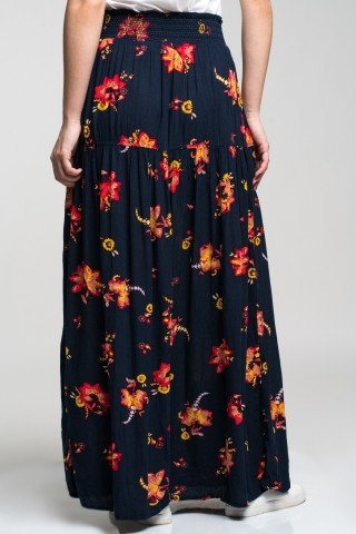 Fusta lunga boho bleumarin cu imprimeu floral