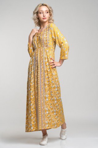 Rochie boho-chic lunga din vascoza cu imprimeu galben Angy