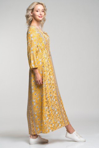 Rochie boho-chic lunga din vascoza cu imprimeu galben Angy