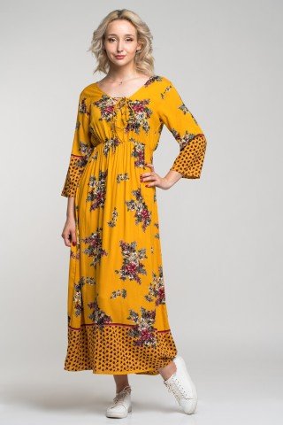 Rochie lunga galbena boho cu imprimeu floral Angy