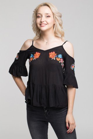 Bluza neagra cu decupaje si broderie multicolora