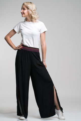 Pantaloni fusta negri despicati cu banda elastica multicolora