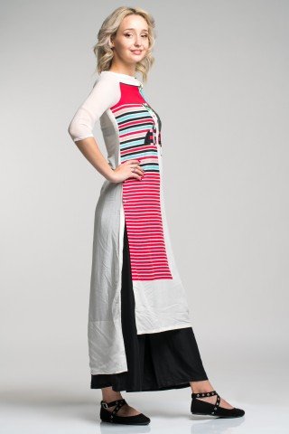 Costum traditional indian alb/negru cu imprimeu multicolor Urban-Chic