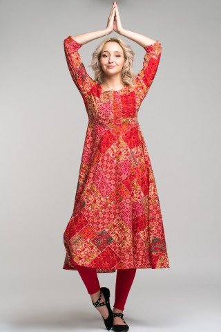 Costum traditional indian rosu cu tunica si colanti