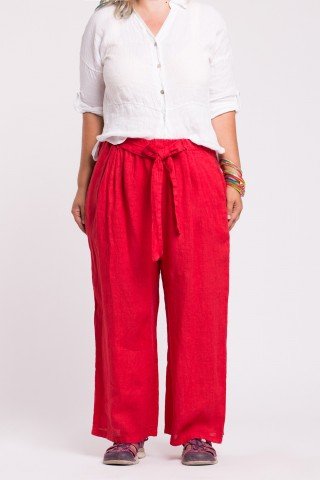 Pantaloni XL lejeri rosii din in cu elastic si cordon in talie