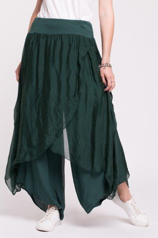 Pantaloni tip lalea din matase verde inchis cu talie elastica