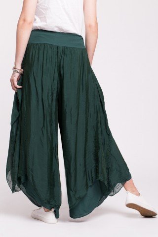 Pantaloni tip lalea din matase verde inchis cu talie elastica