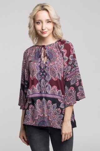 Bluza vaporoasa cu maneci kimono si imprimeu etnic