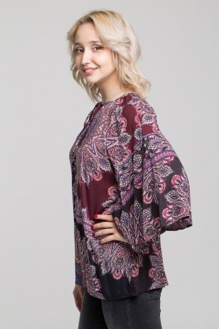 Bluza vaporoasa cu maneci kimono si imprimeu etnic