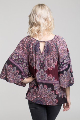 Bluza vaporoasa cu maneci kimono si imprimeu etnic