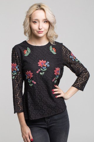 Bluza din dantela neagra cu broderie florala multicolora