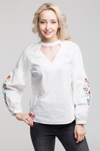 Bluza alba din bumbac cu maneci bufante si brodate