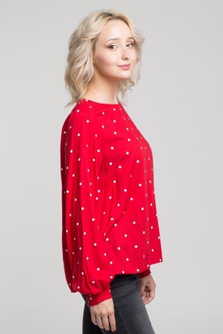 Bluza rosie cu buline albe si nasturi pe spate