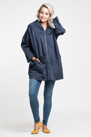 Geaca oversized bleumarin cu gluga, fermoar si buzunare ample