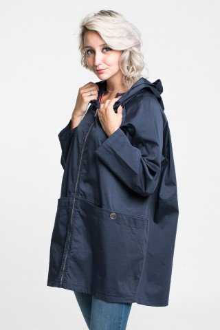 Geaca oversized bleumarin cu gluga, fermoar si buzunare ample