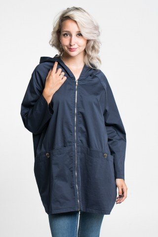 Geaca oversized bleumarin cu gluga, fermoar si buzunare ample