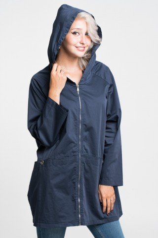 Geaca oversized bleumarin cu gluga, fermoar si buzunare ample