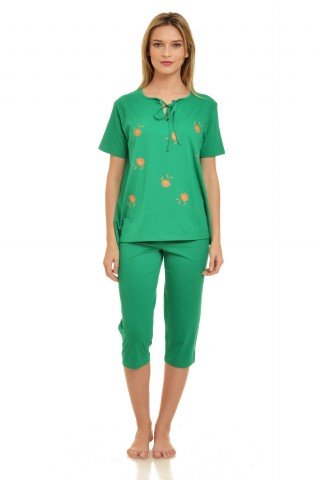 Pijama verde cu imprimeu floral si decolteu cu snur