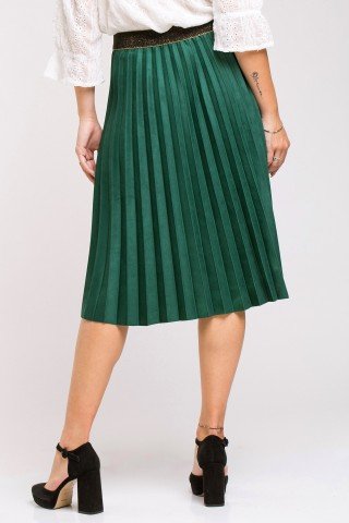 Fusta plisata midi verde cu elastic negru-auriu in talie