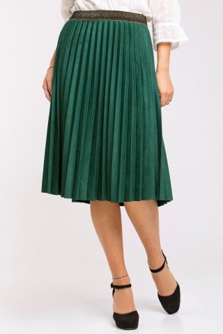 Fusta plisata midi verde cu elastic negru-auriu in talie