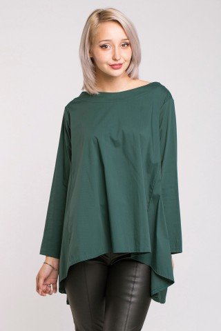 Bluza asimetrica poplin verde inchis cu pliuri pe spate