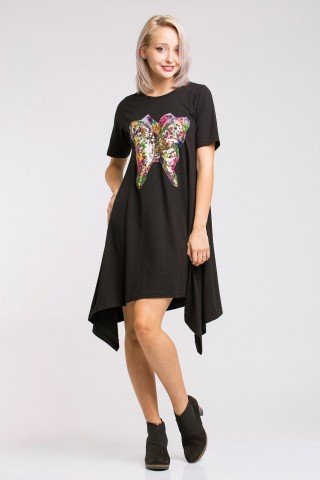 Rochie asimetrica din bumbac negru cu aplicatie multicolora Butterfly