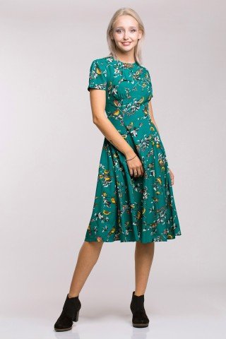 Rochie retro turcoaz cu pliuri, talie empire si imprimeu Birdie