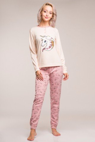 Pijama flausata roz pal cu unicorni si nasturi decorativi