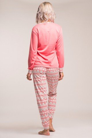 Pijama flausata roz cu pantaloni multicolori si aplicatie pufoasa Pinguin Indragostit